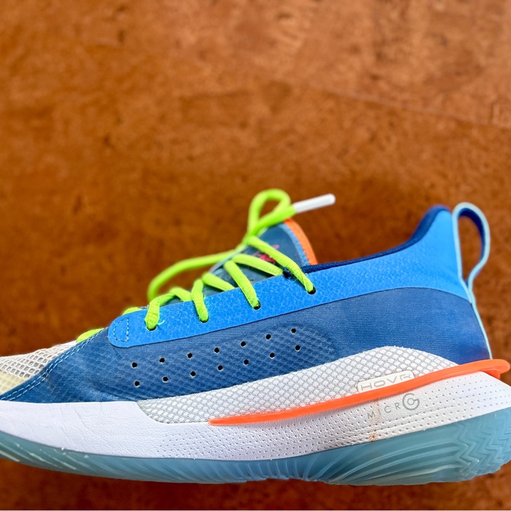 Under Armour Steph Curry Blue Sneakers with Neon Green Laces and Orange Trim